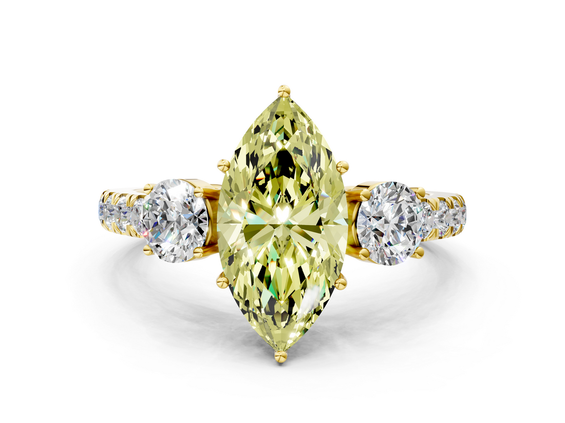 Yellow gold Fancy Yellow Marquise  Cut Three-Stone Diamond Pave Band with Prong Setting_17