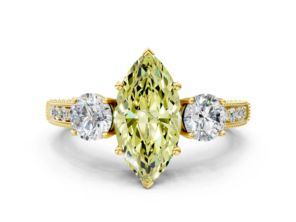 Yellow gold Fancy Yellow Marquise Cut Three-Stone Diamond Ring with Pavé Band and Four-Prong Setting