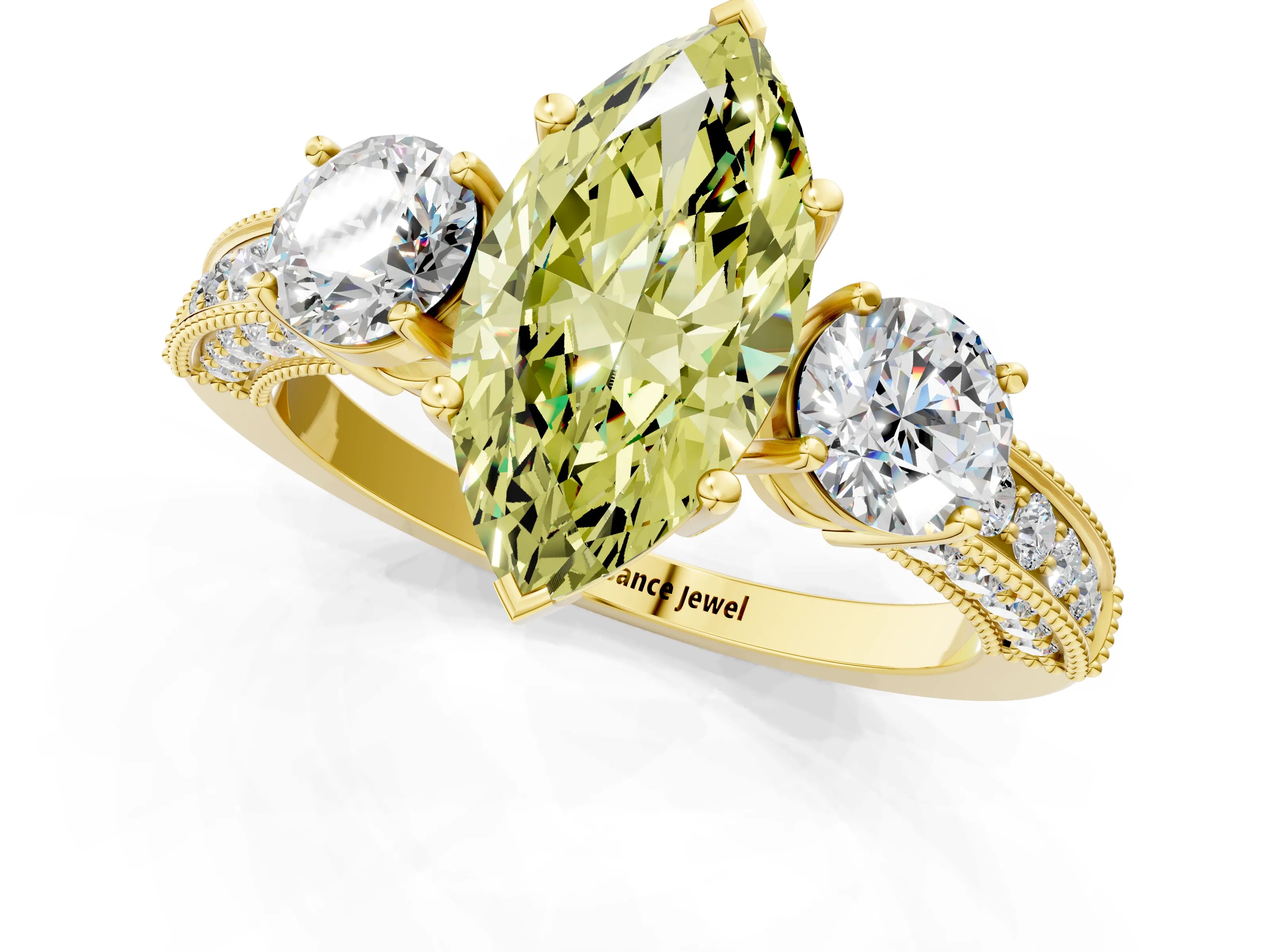 Yellow gold Fancy Yellow Marquise Cut Three-Stone Diamond Ring with Pavé Band and Four-Prong Setting_1