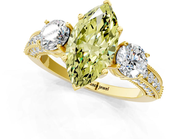 Yellow gold Fancy Yellow Marquise Cut Three-Stone Diamond Ring with Pavé Band and Four-Prong Setting