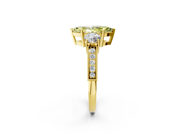 Yellow gold Fancy Yellow Marquise Cut Three-Stone Diamond Ring with Pavé Band and Four-Prong Setting