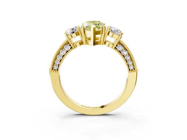 Yellow gold Fancy Yellow Marquise Cut Three-Stone Diamond Ring with Pavé Band and Four-Prong Setting