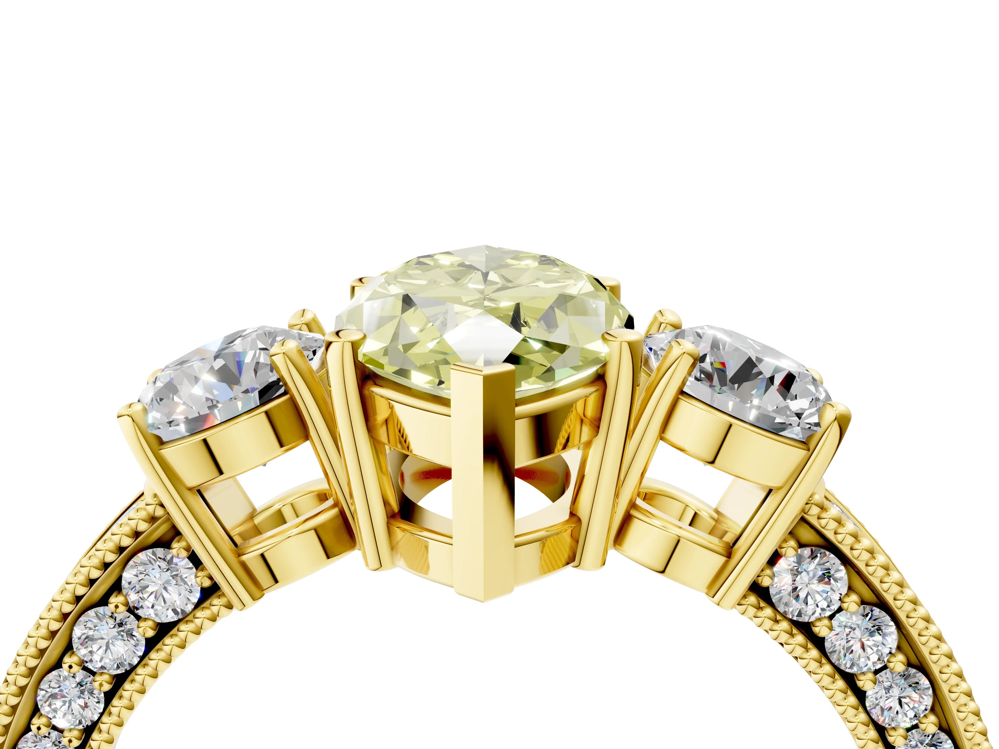 Yellow gold Fancy Yellow Marquise Cut Three-Stone Diamond Ring with Pavé Band and Four-Prong Setting_4
