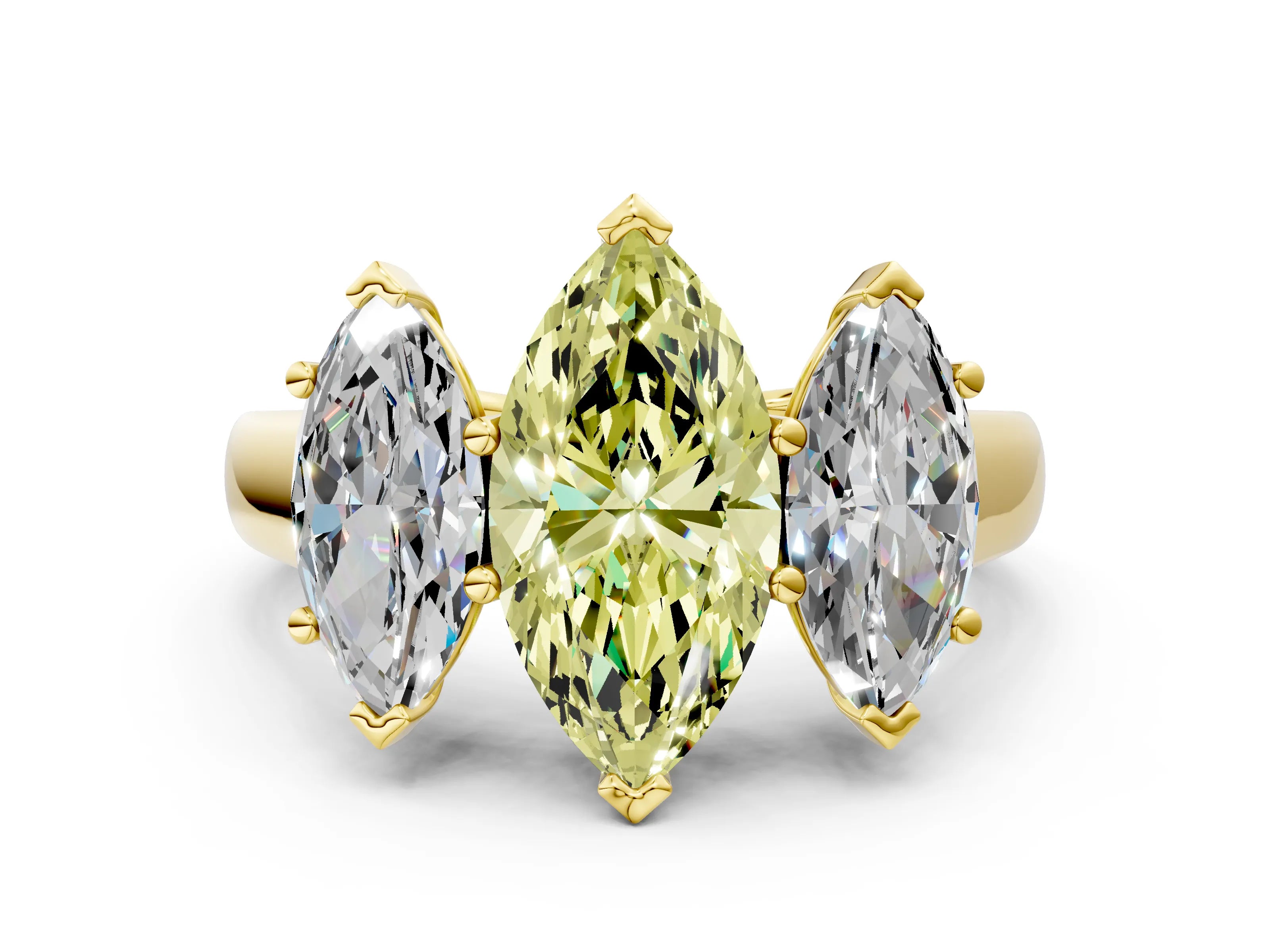 Yellow gold Fancy Yellow Marquise Cut Three-Stone Diamond Ring with Prong Setting on a Classic Band