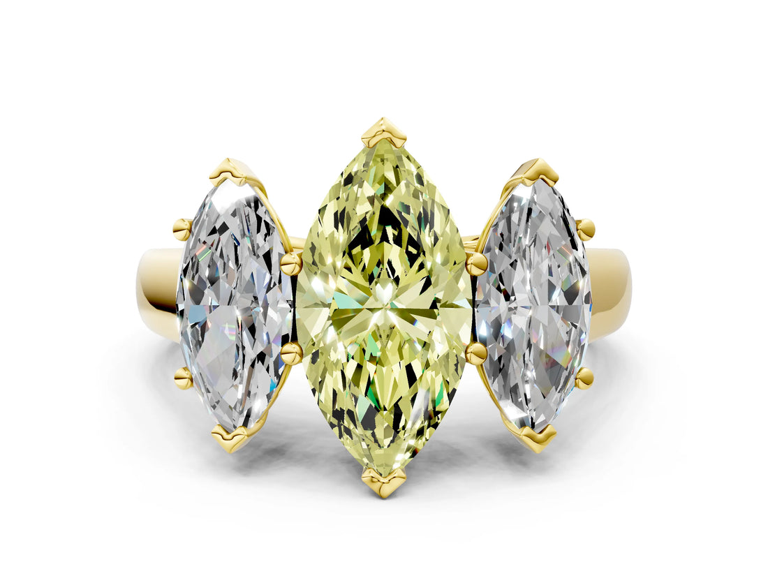 Yellow gold Fancy Yellow Marquise Cut Three-Stone Diamond Ring with Prong Setting on a Classic Band_12