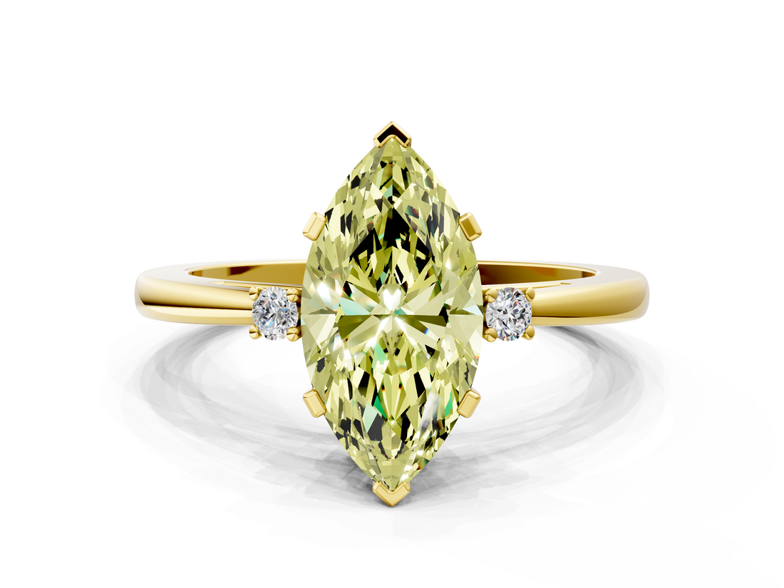 Yellow gold Fancy Yellow Marquise  Cut Three-Stone Solitaire Ring with Round Accent Diamonds and Four-Prong Setting