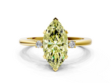 Yellow gold Fancy Yellow Marquise  Cut Three-Stone Solitaire Ring with Round Accent Diamonds and Four-Prong Setting