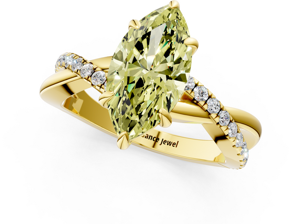 Yellow gold Fancy Yellow Marquise  Cut Twist Band Solitaire Diamond Ring with Pavé Setting