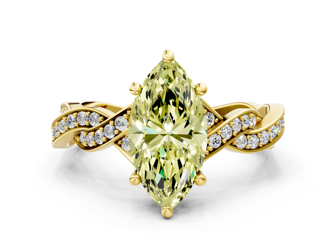 Yellow gold Fancy Yellow Marquise  Cut Twisted Pavé Band Solitaire Ring with Four-Prong Setting