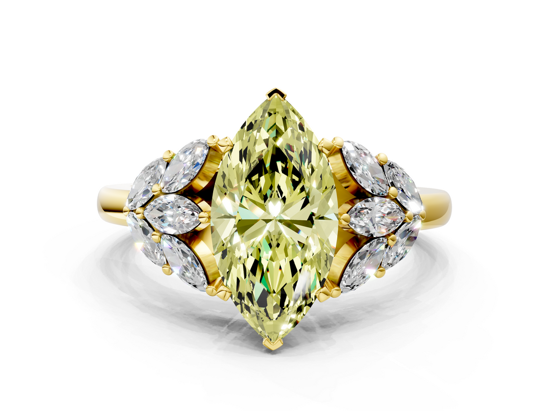 Yellow gold Fancy Yellow Marquise  Diamond Cluster Leaf Design Ring with Prong Setting
