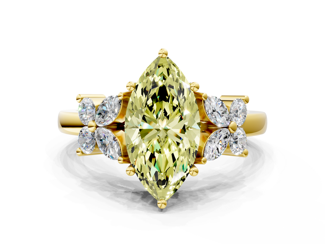 Yellow gold Fancy Yellow Marquise  Diamond Floral Cluster Ring with Solitaire Band and Prong Setting