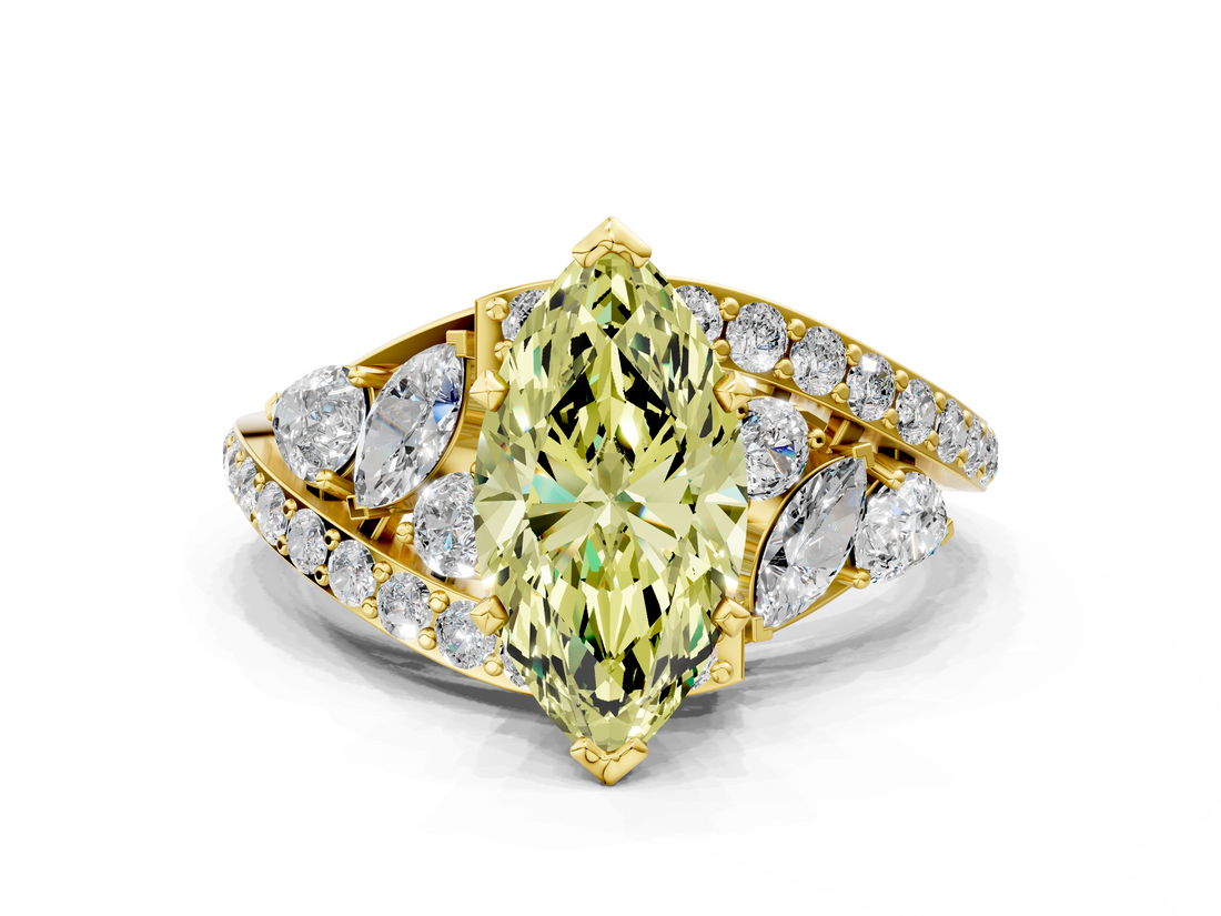 Yellow gold Fancy Yellow Marquise  Diamond Halo Ring with Marquise and Pavé Band in Prong Setting
