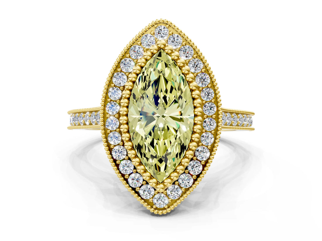 Yellow gold Fancy Yellow Marquise  Diamond Halo Ring with Milgrain Frame and Pavé Band_23