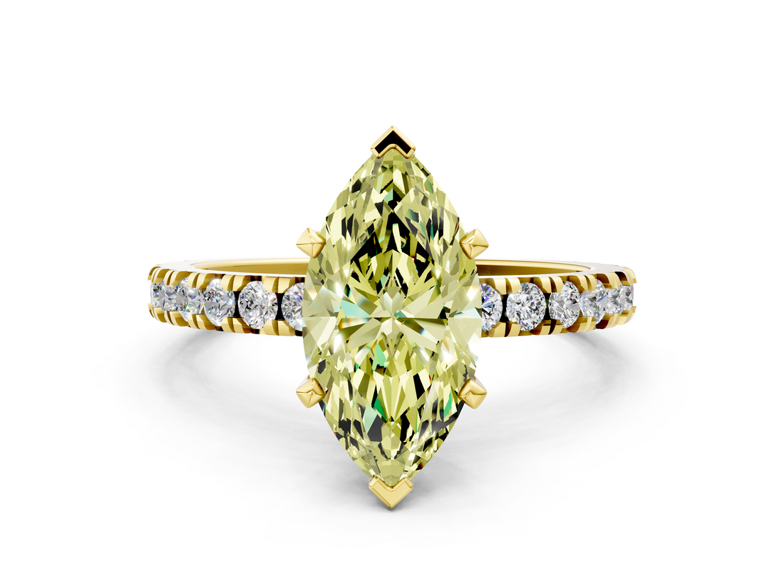 Yellow gold Fancy Yellow Marquise  Diamond Pavé Band Solitaire with Four-Prong Setting