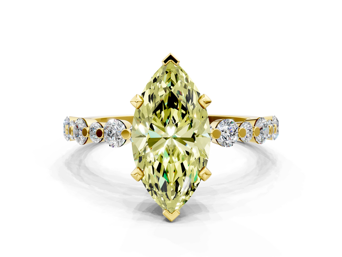 Yellow gold Fancy Yellow Marquise  Diamond Prong Set Engagement Ring with Pave Band
