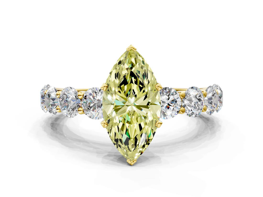 Yellow gold Fancy Yellow Marquise  Diamond Prong Setting with Side Stones on a Pave Band