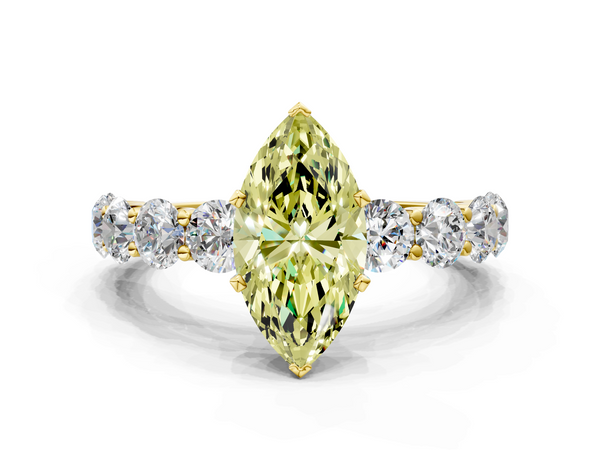 Yellow gold Fancy Yellow Marquise Cut Diamond Prong Setting with Side Stones on a Pave Band