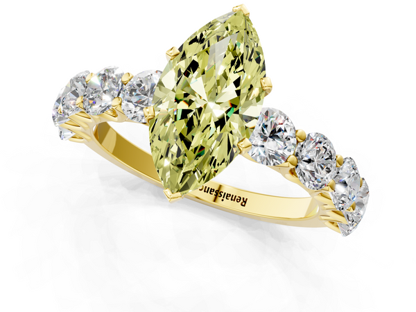 Yellow gold Fancy Yellow Marquise Cut Diamond Prong Setting with Side Stones on a Pave Band