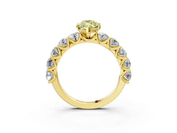 Yellow gold Fancy Yellow Marquise Cut Diamond Prong Setting with Side Stones on a Pave Band