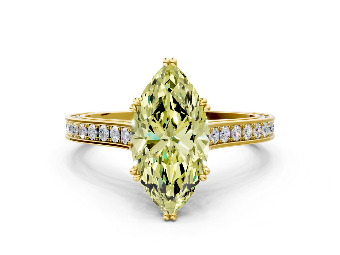 Yellow gold Fancy Yellow Marquise  Diamond Solitaire with Pave Band and Six-Prong Setting