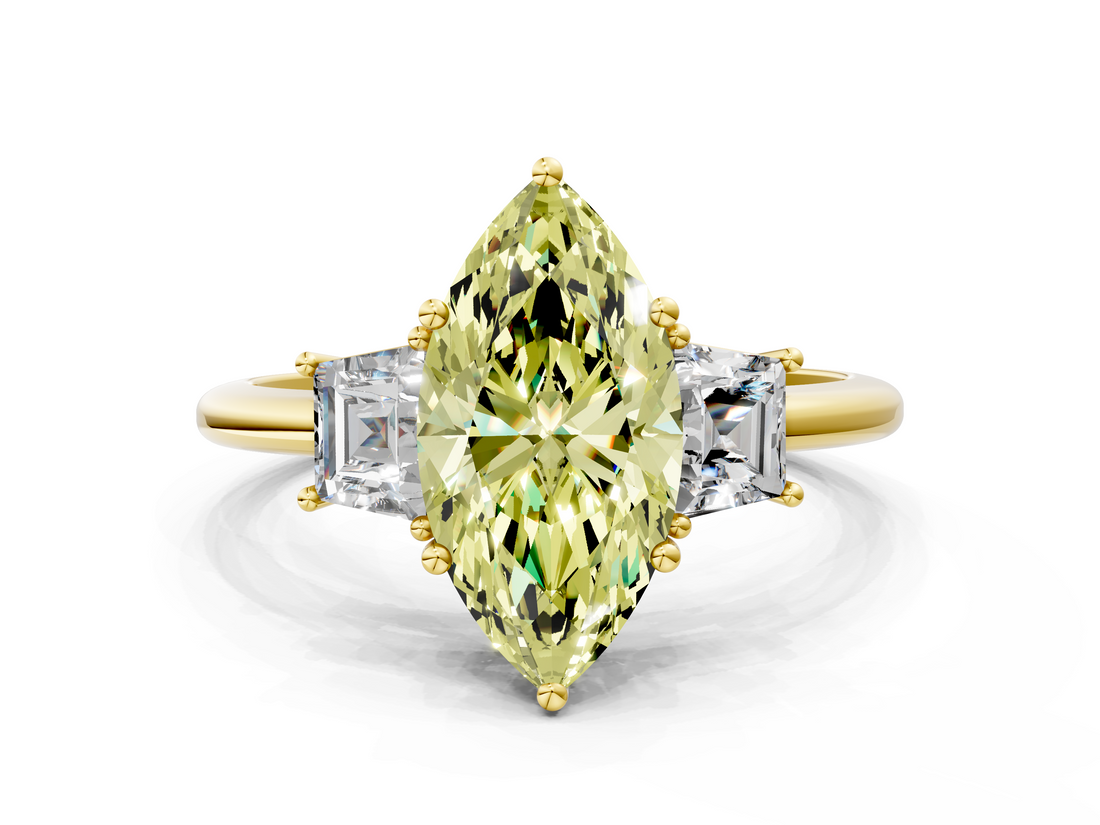 Yellow gold Fancy Yellow Marquise  Diamond Three-Stone Ring with Trapezoid Side Stones and Prong Setting