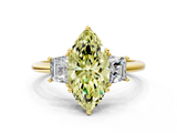 Yellow gold Fancy Yellow Marquise  Diamond Three-Stone Ring with Trapezoid Side Stones and Prong Setting