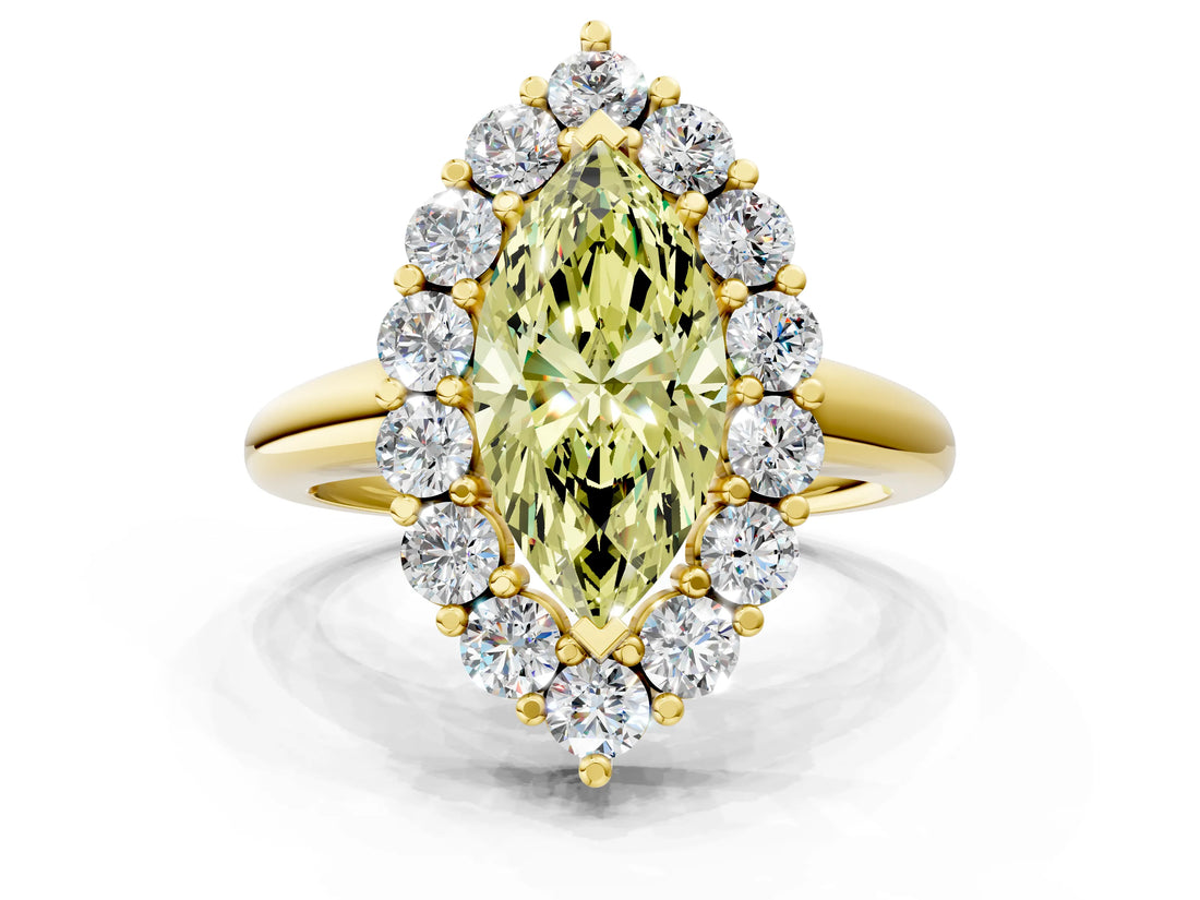 Yellow gold Fancy Yellow Marquise  Halo Cluster Diamond Engagement Ring with Prong Setting and Polished Band_21