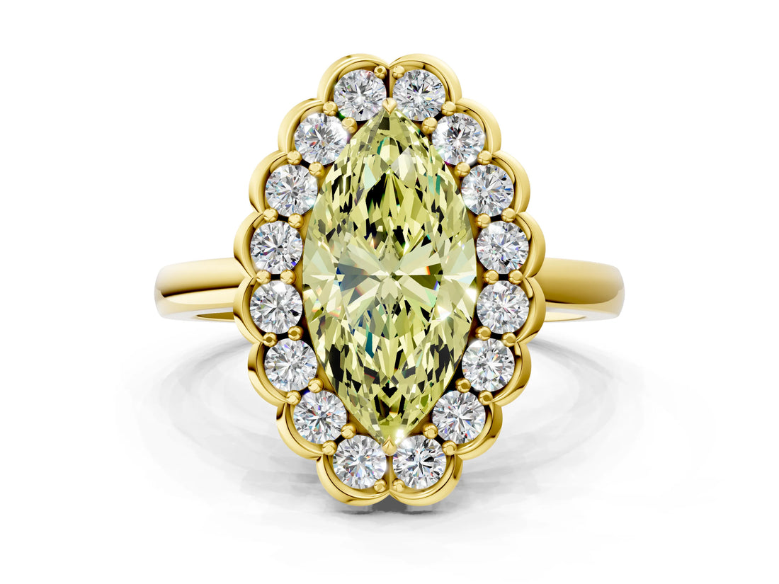 Yellow gold Fancy Yellow Marquise  Halo Cluster Diamond Engagement Ring with Solitaire Band and Prong Setting_52