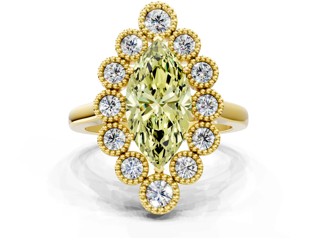 Yellow gold Fancy Yellow Marquise  Halo Diamond Cluster Engagement Ring with Milgrain Bezel Setting and Solitaire Band_39