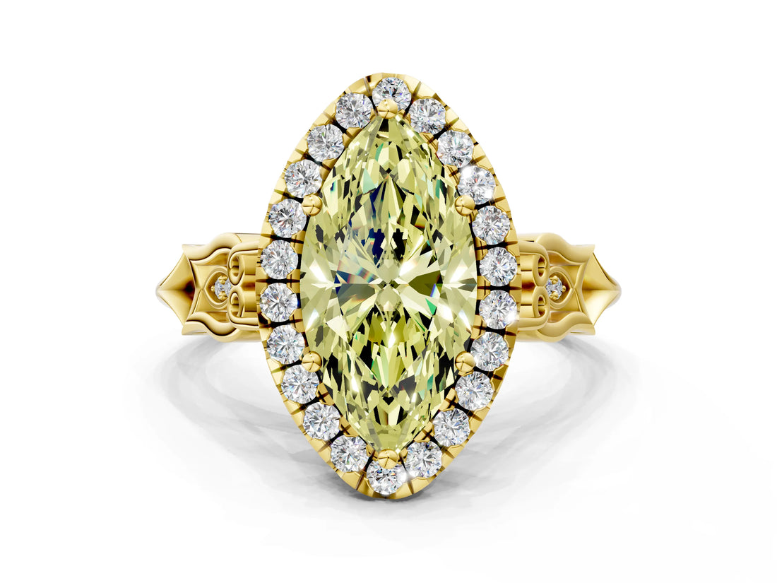 Yellow gold Fancy Yellow Marquise  Halo Diamond Engagement Ring with Filigree Band and Four-Prong Setting_81