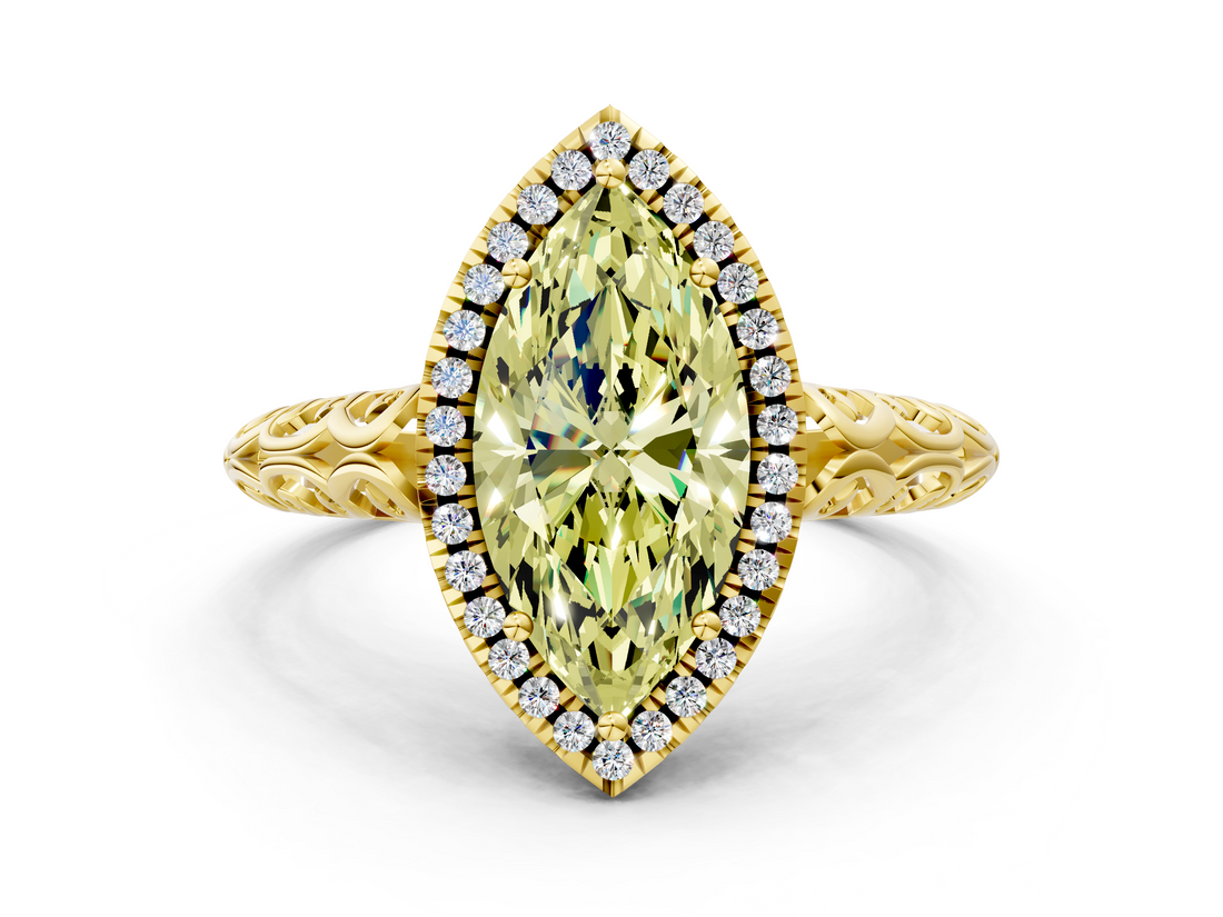Yellow gold Fancy Yellow Marquise  Halo Diamond Engagement Ring with Intricate Filigree Band and Four-Prong Setting