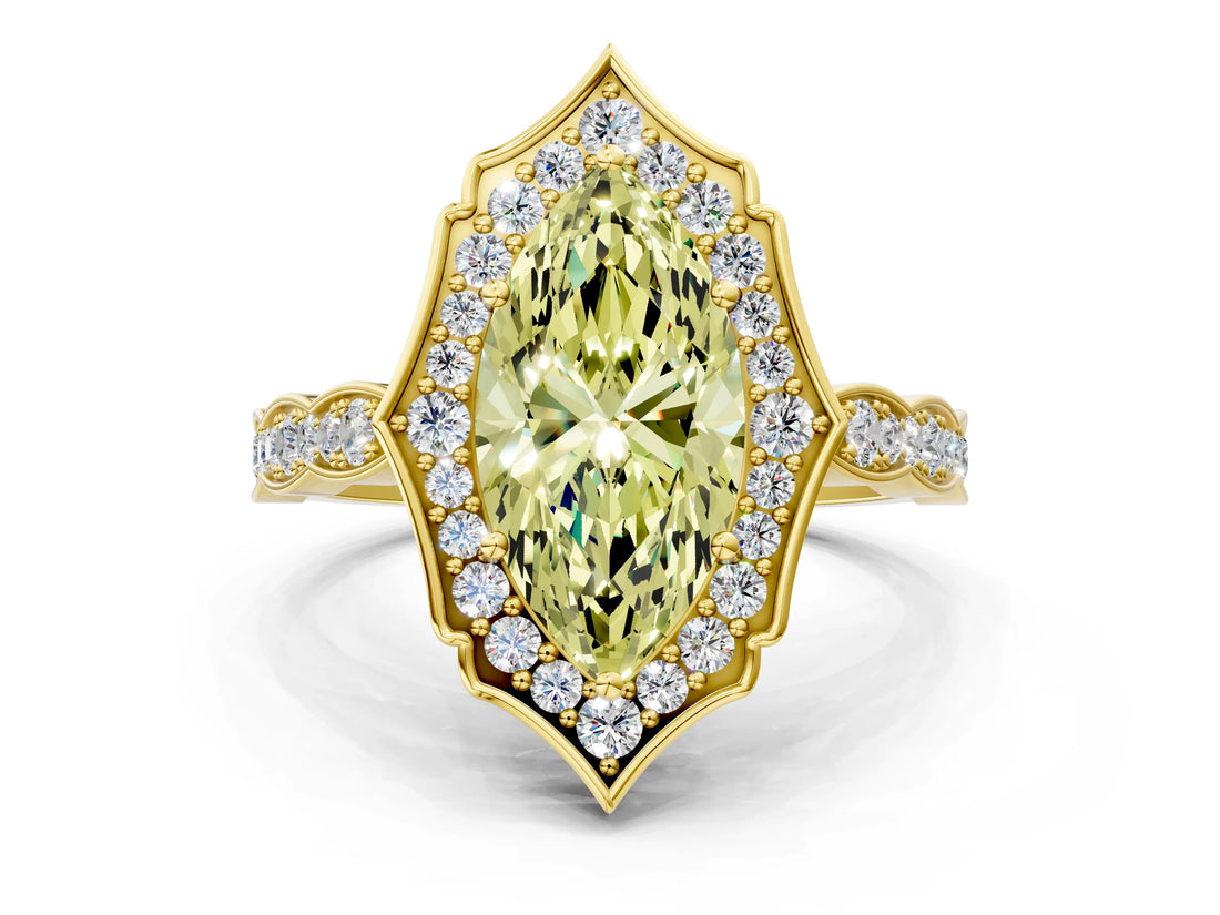 Yellow gold Fancy Yellow Marquise  Halo Diamond Engagement Ring with Milgrain Band and Four-Prong Setting_18