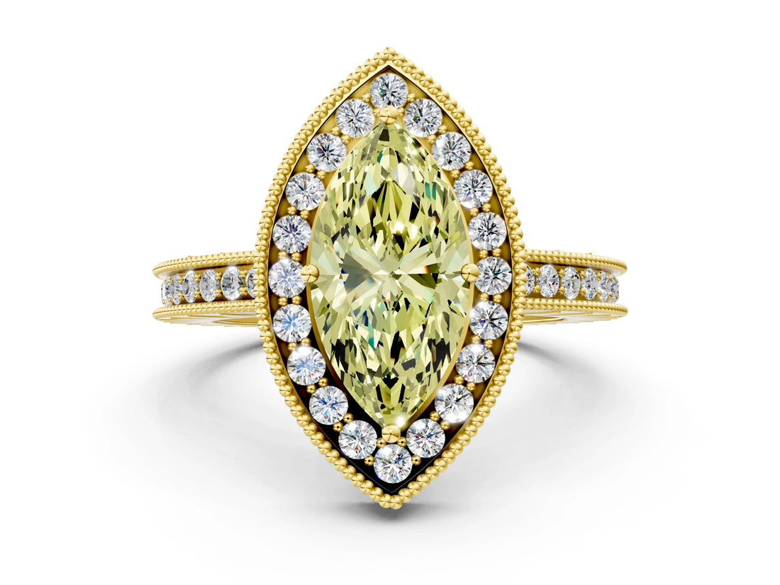 Yellow gold Fancy Yellow Marquise  Halo Diamond Engagement Ring with Milgrain Pave Band and Four-Prong Setting_12