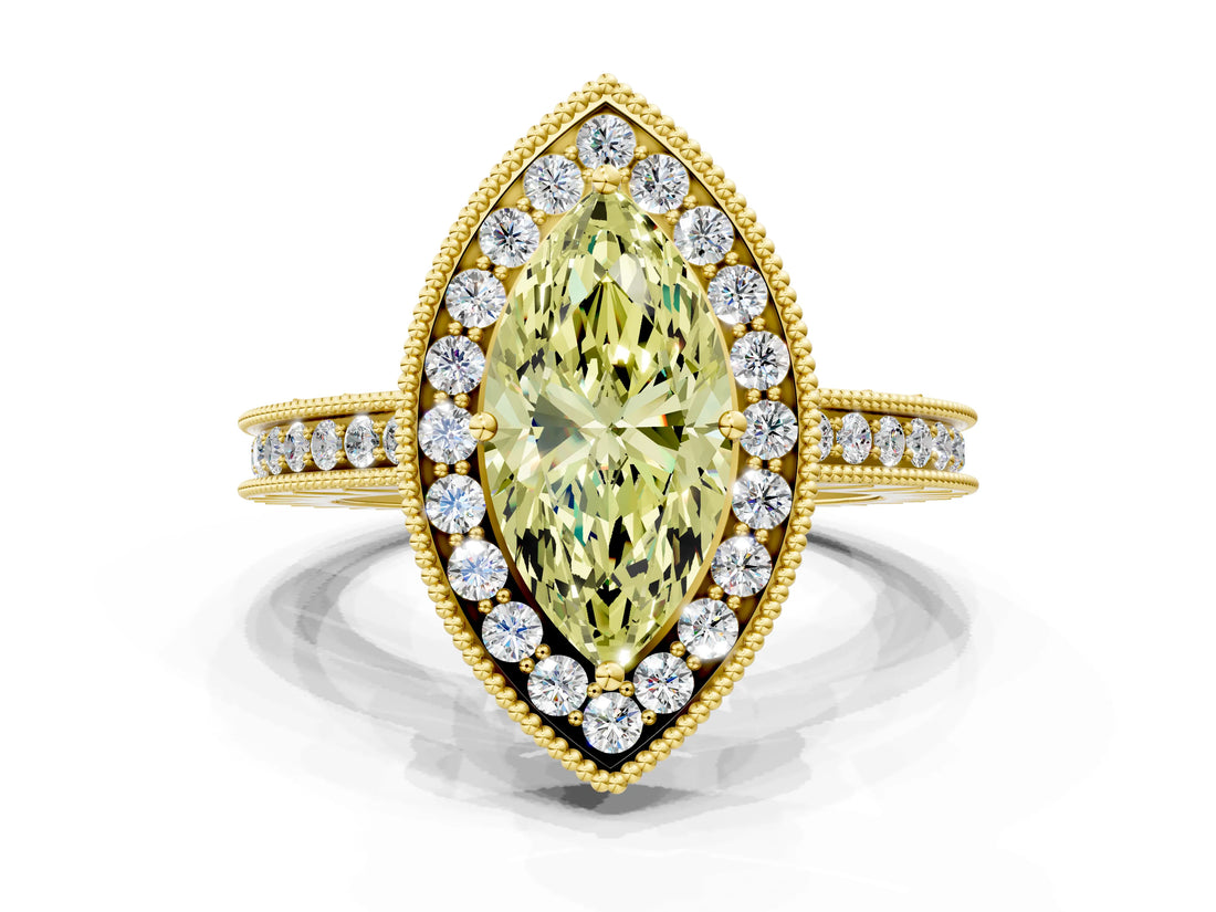 Yellow gold Fancy Yellow Marquise  Halo Diamond Engagement Ring with Milgrain Pave Band and Four-Prong Setting_135