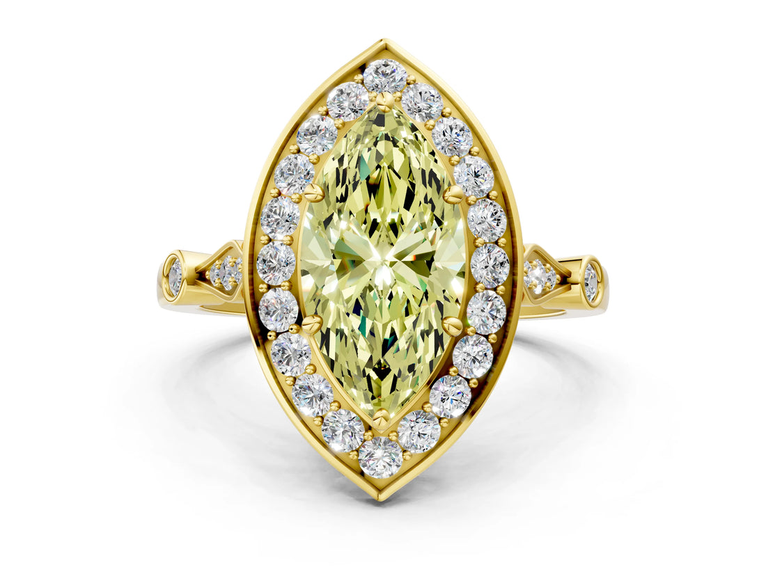 Yellow gold Fancy Yellow Marquise  Halo Diamond Engagement Ring with Twisted Band and Four-Prong Setting 1