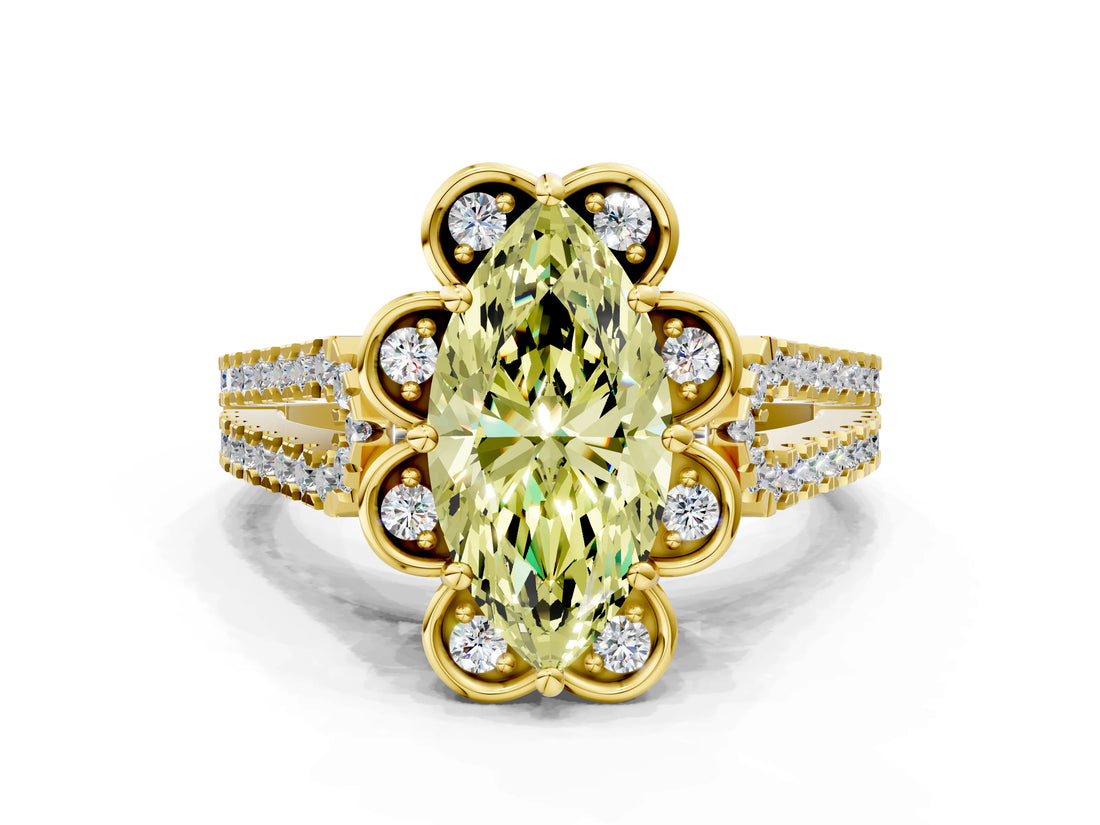 Yellow gold Fancy Yellow Marquise  Halo Diamond Floral Split Shank Engagement Ring