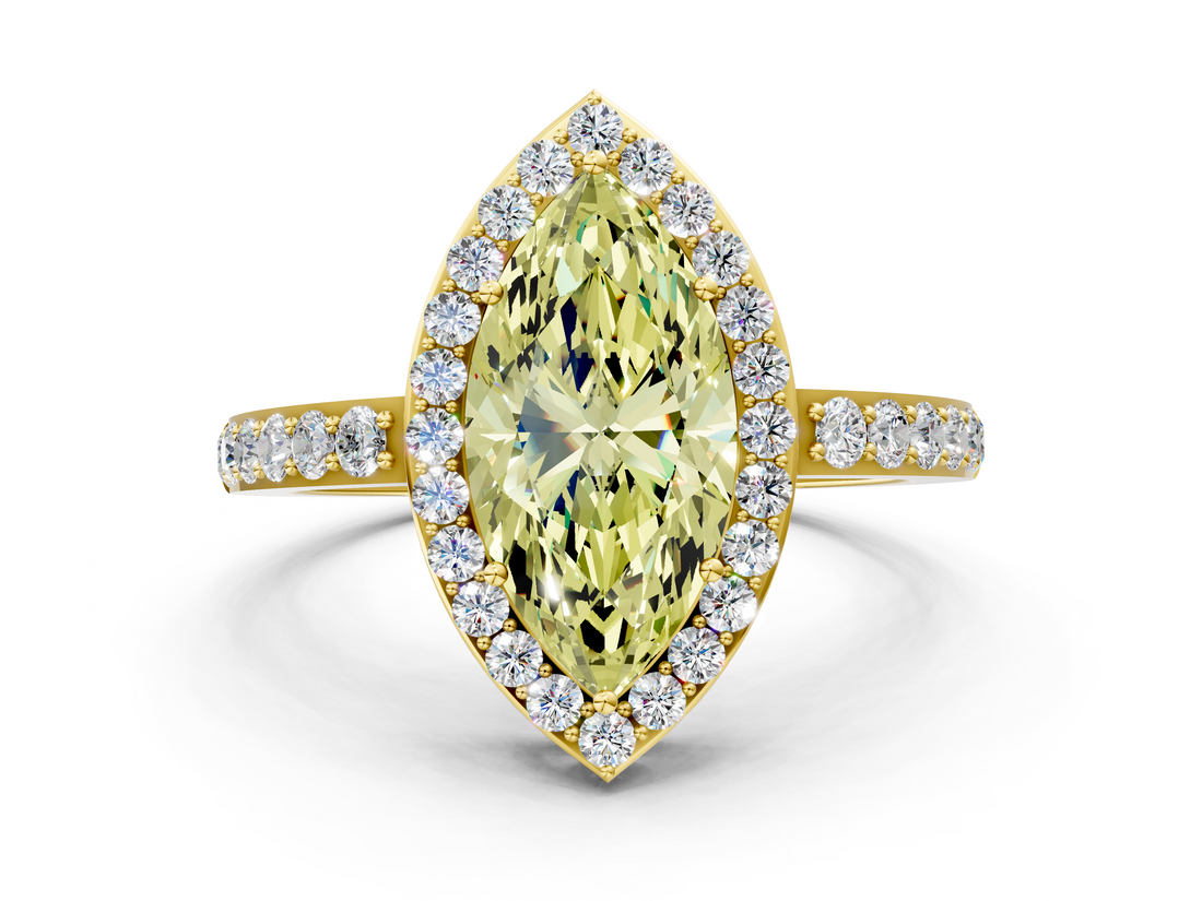 Yellow gold Fancy Yellow Marquise  Halo Diamond Pavé Band Ring with Prong Setting