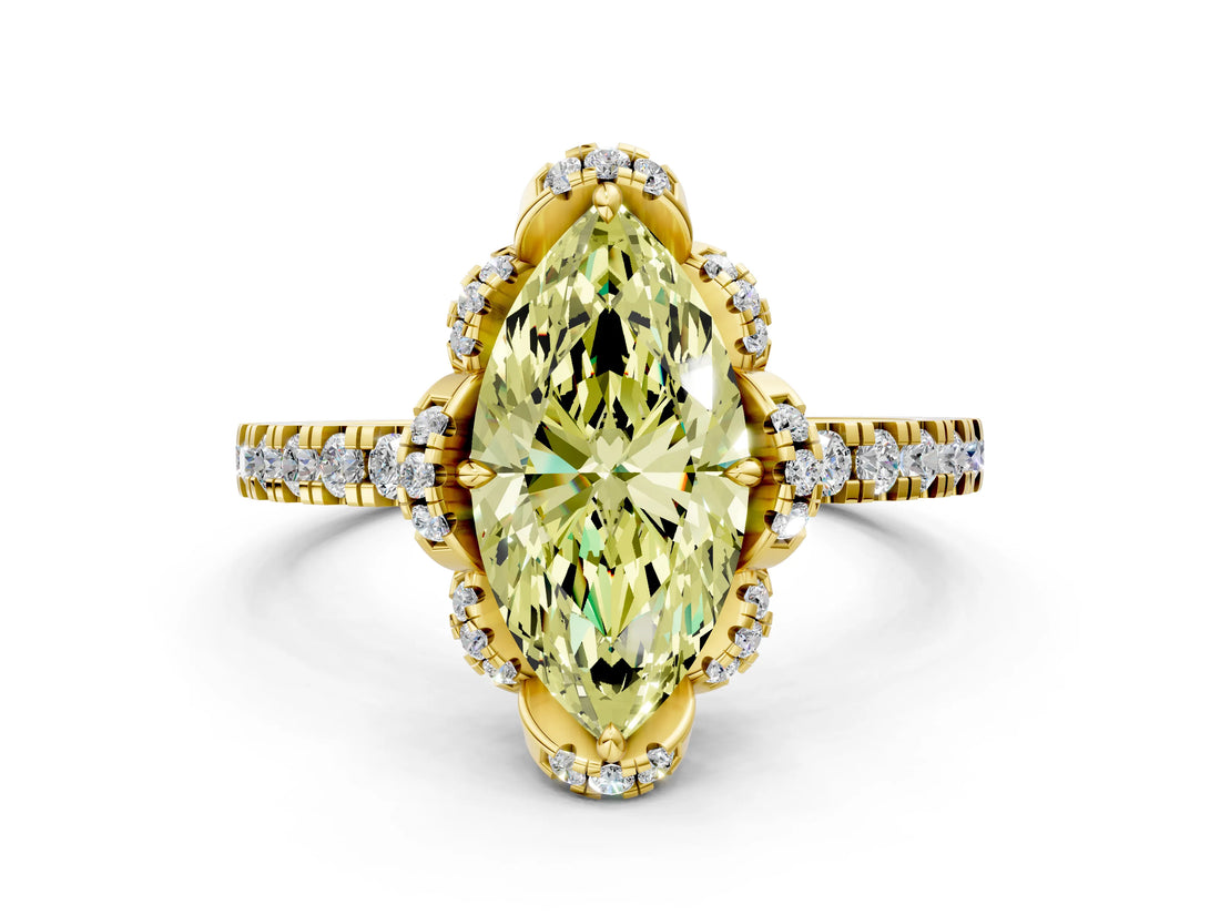 Yellow gold Fancy Yellow Marquise  Halo Diamond Pave Band Ring with Four-Prong Setting_15