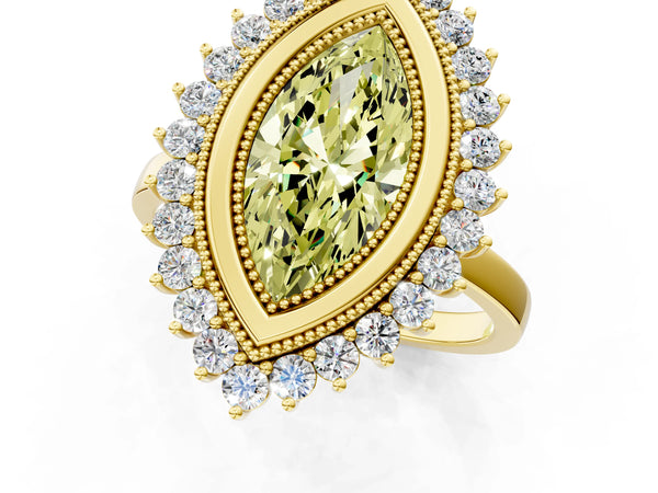 Yellow gold Fancy Yellow Marquise  Halo Diamond Ring with Milgrain Edge and Round Prong Setting