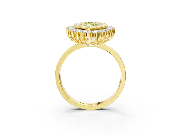 Yellow gold Fancy Yellow Marquise  Halo Diamond Ring with Milgrain Edge and Round Prong Setting