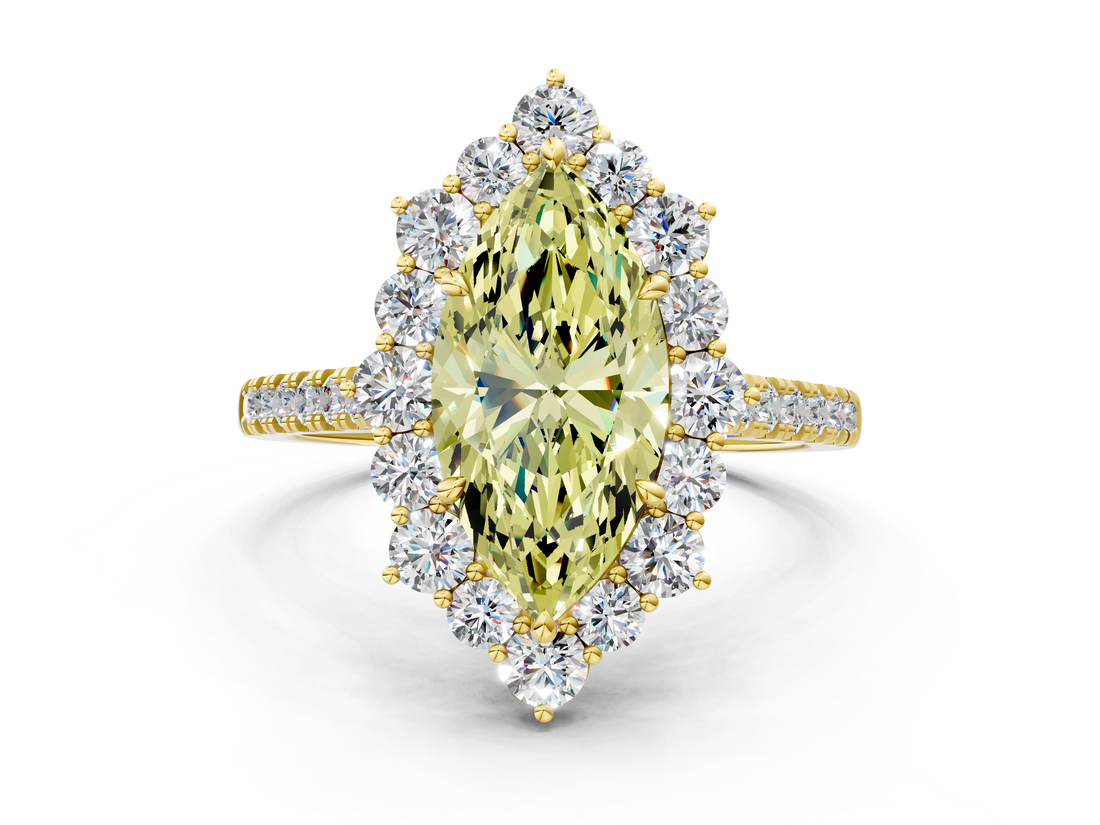 Yellow gold Fancy Yellow Marquise  Halo Diamond Ring with Pavé Band and Prong Setting