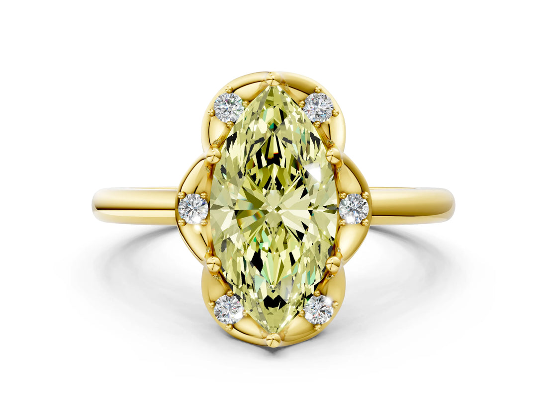 Yellow gold Fancy Yellow Marquise  Halo Diamond Ring with Round Cluster Setting, Solitaire Band, and Four-Prong Setting_30