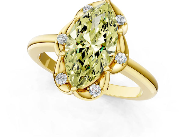 Yellow gold Fancy Yellow Marquise  Halo Diamond Ring with Round Cluster Setting, Solitaire Band, and Four-Prong Setting