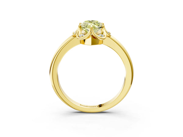 Yellow gold Fancy Yellow Marquise  Halo Diamond Ring with Round Cluster Setting, Solitaire Band, and Four-Prong Setting