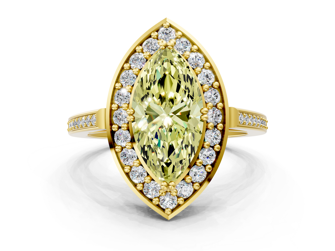 Yellow gold Fancy Yellow Marquise  Halo Diamond Ring with Split Shank and Four-Prong Setting