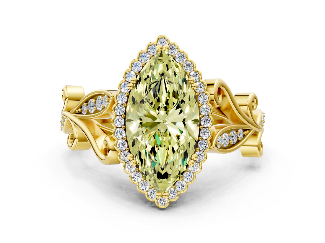 Yellow gold Fancy Yellow Marquise  Halo Diamond Ring with Vintage Split Shank and Four-Prong Setting