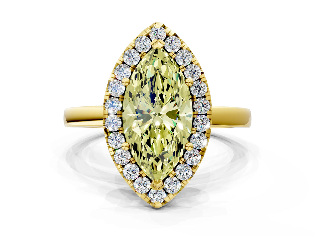 Yellow gold Fancy Yellow Marquise  Halo Diamond Solitaire with Pavé Band and Four-Prong Setting_16