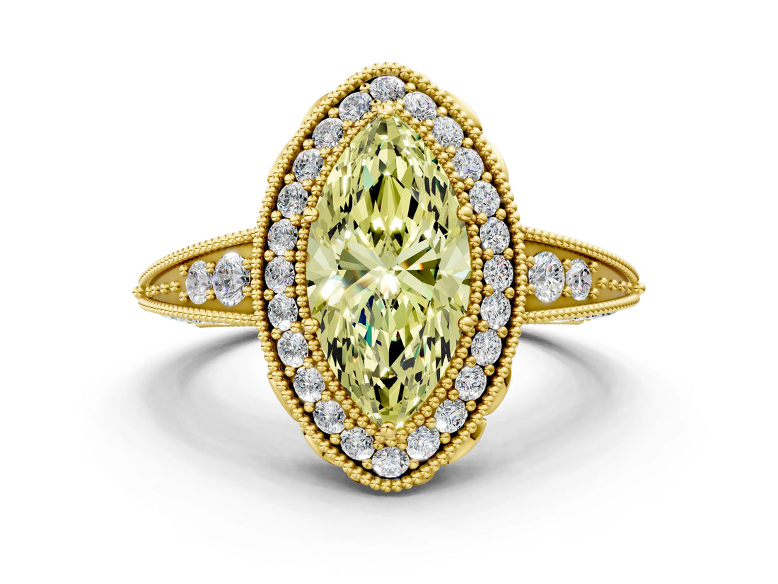 Yellow gold Fancy Yellow Marquise  Halo Diamond Split Shank Ring with Milgrain Detail_52