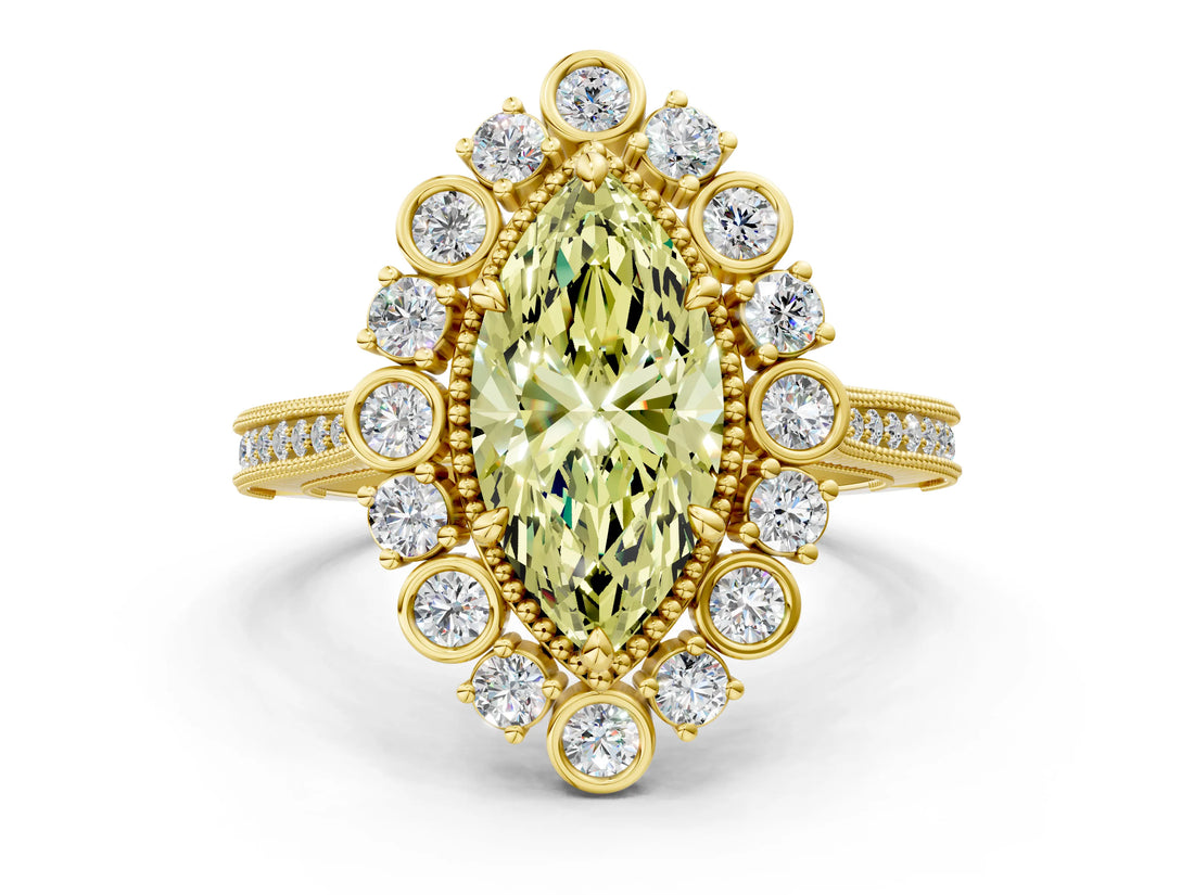 Yellow gold Fancy Yellow Marquise  Halo Milgrain Pave Diamond Ring with Four-Prong Setting