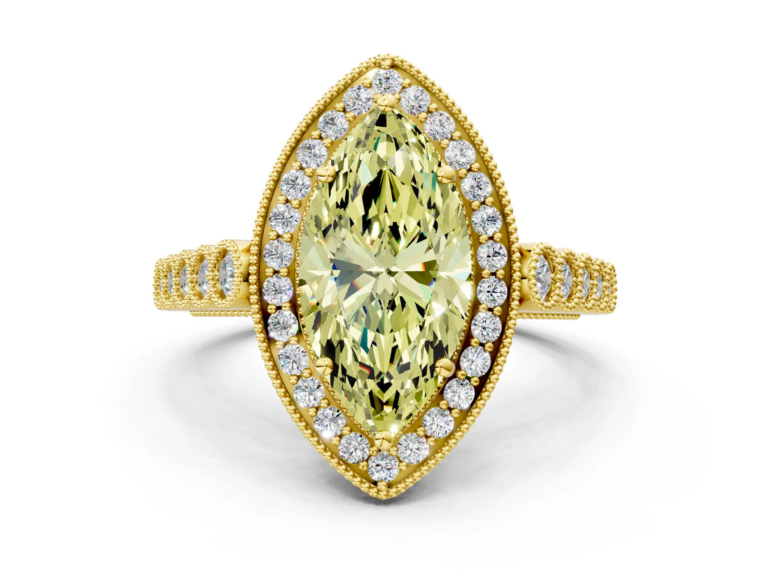 Yellow gold Fancy Yellow Marquise  Halo Milgrain Solitaire with Bezel Set Side Stones and Pave Band_32